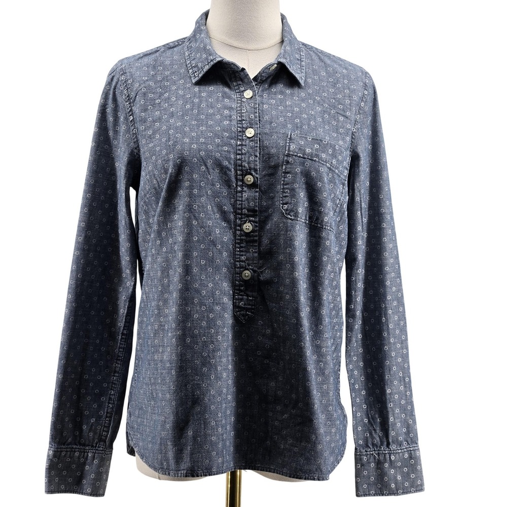 J.CREW Button-Up Womens S Blue Polka Dot Denim Long Sleeve Collared Pockets